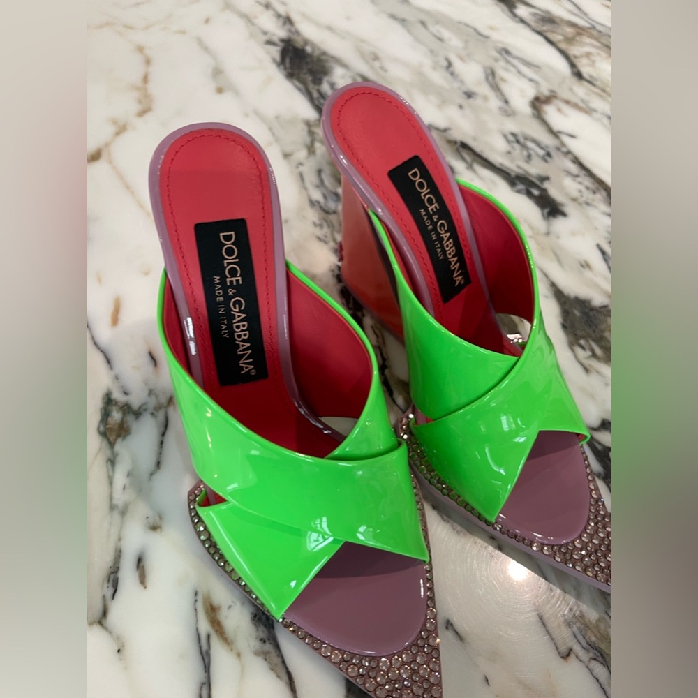 Neon green and peach wedge mules with rhinestones. Never worn!! Super cute!!
